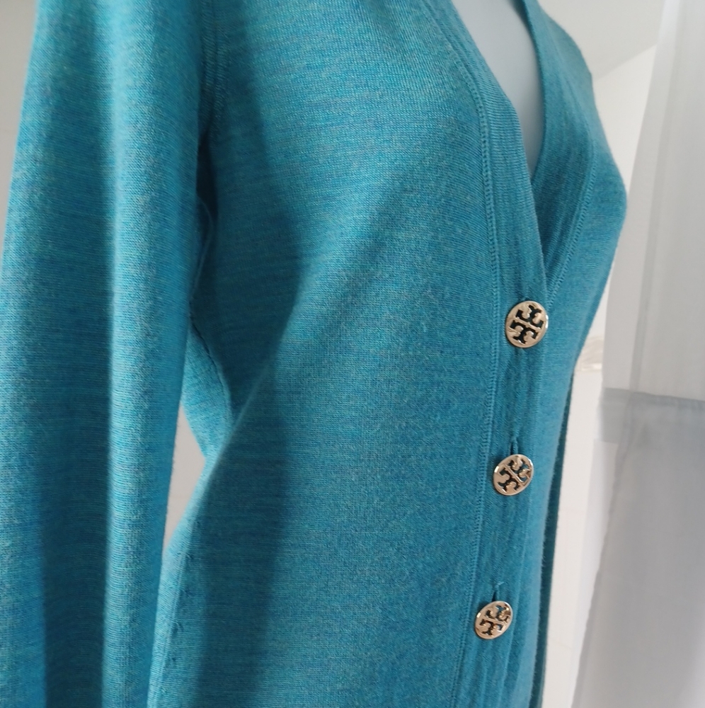 TORY BURCH Simone Teal Classic Gold Logo Button Merino Wool Cardigan XS